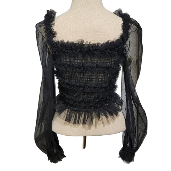 Sheer Mesh Puff balloon Sleeve Smocked Top Blouse- Small Gothic Edgy Emo Sexy - Picture 2 of 6